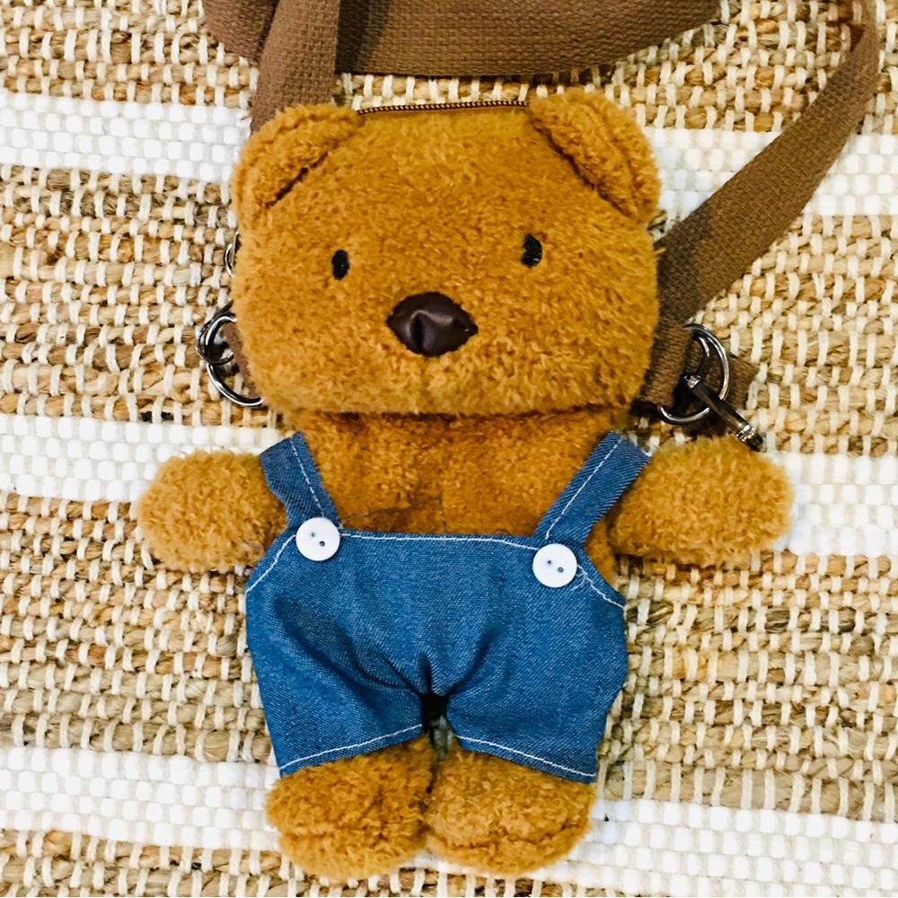 Teddy Bear soft plush purse bag tote brown blue bibs overalls cute cozy